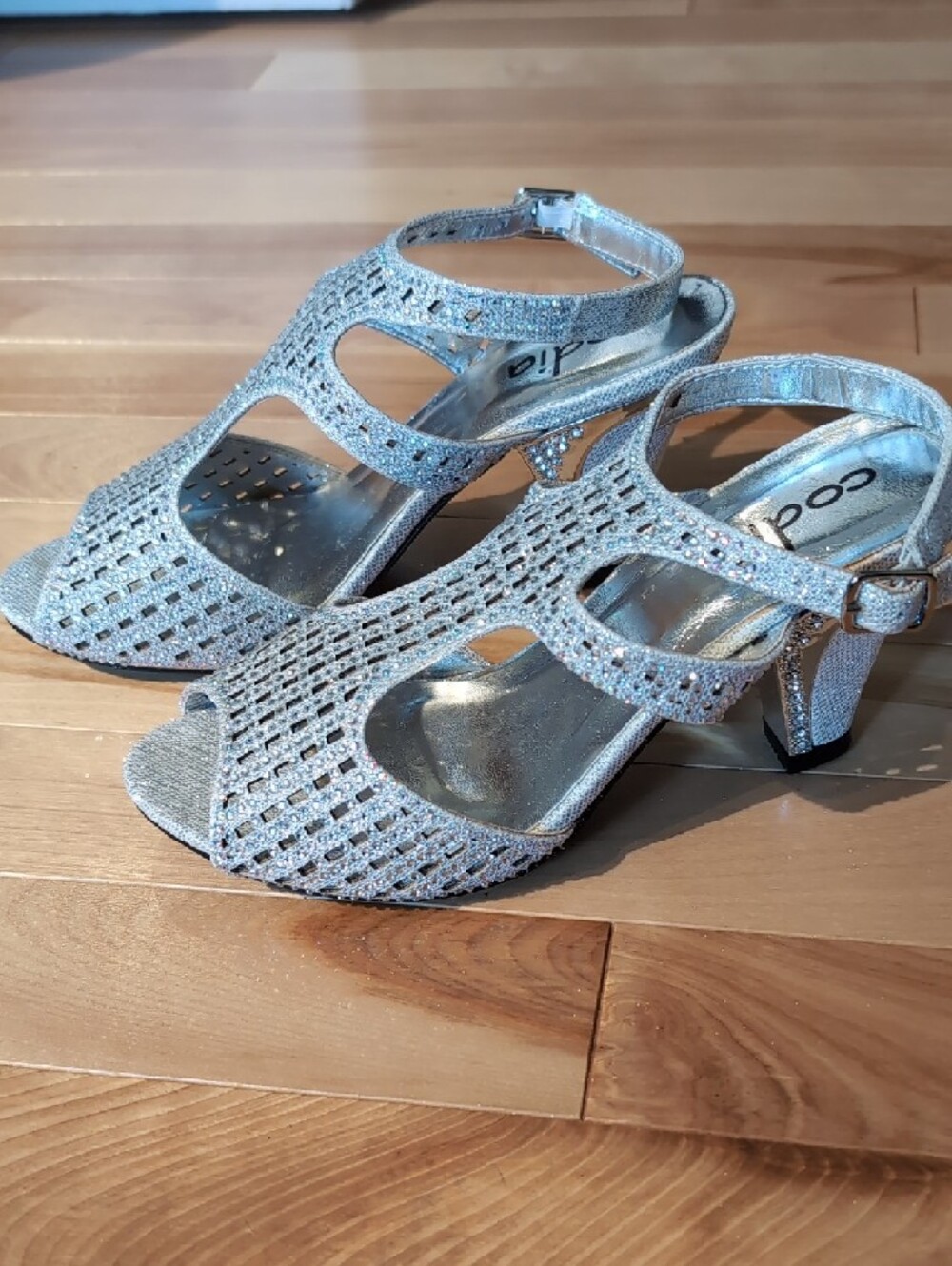 Silver Rhinestone Open-Toe Heels with Ankle Strap - Women